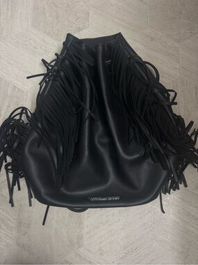 Victoria’s Secret Fringed Black Leather Bucket Bag